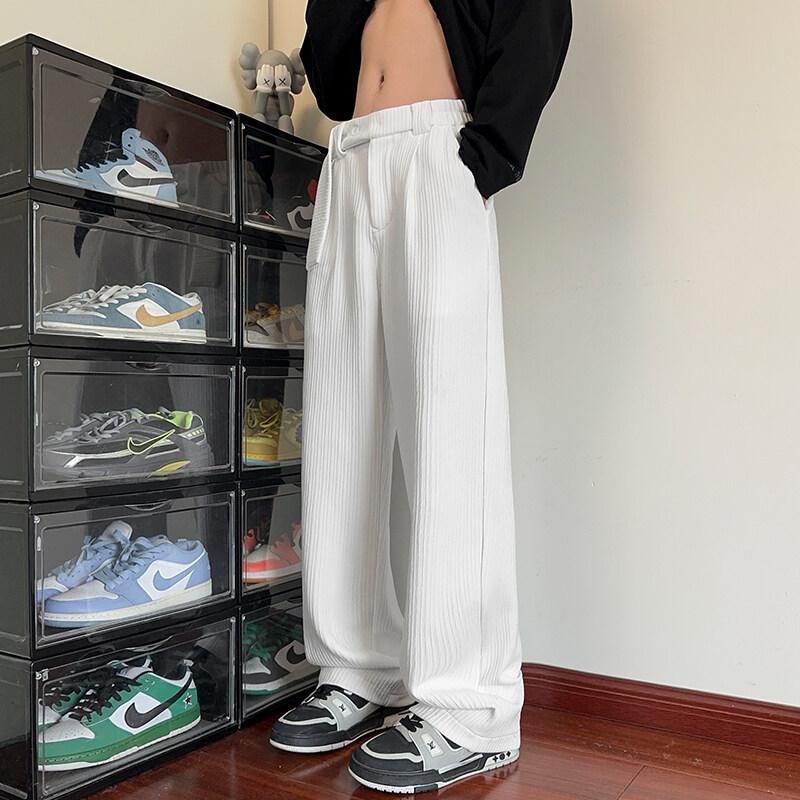 

Весна 2025 Мужские повседневные брюки широкие от бедра с поясом в корейскую полоску - Доступны большие размеры 5XL белый