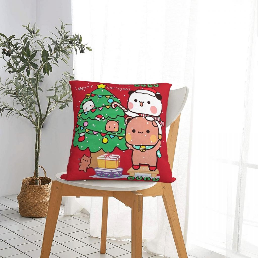 Bubu Dudu Xmas Panda Bear Square Pillow Case Merry Christmas Gifts Cushion Cover Polyester Decor Pillowcase For Home 40*40Cm