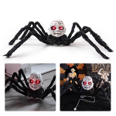 Halloween Doll Face Spider Ornament Sound Activated Scary Walking Spider with Red Eyes Halloween Hairy Spider Haunted House Prop