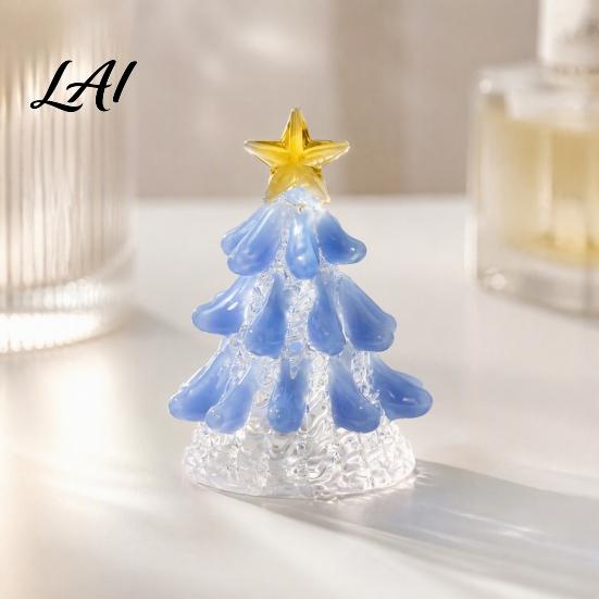 Handmade Crystal Figurine Glass Christmas Tree Lighted Figurine Mini Luminous Xmas Clear with Gold Star Night Light Art Tabletop Holiday Decoration