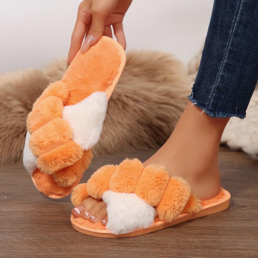 Fashion Hot Sale Cross Straps Double Straps Plush Slippers Sexy Leopard Soft Sole Floor Shoes Home Non-slip Warm Lightweight Flip Flops