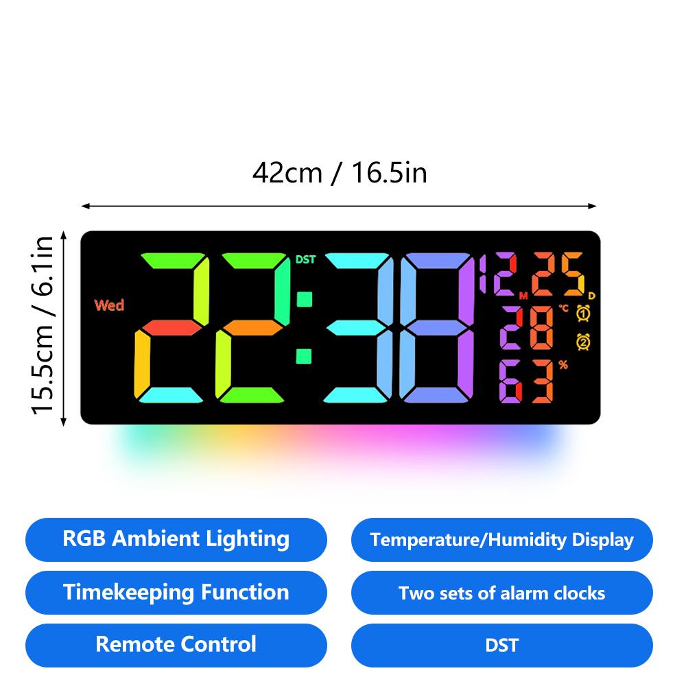 NEWSTYLE RGB Colorful LED Wall Clock with Remote Control Multifunctional Display Auto DST Countdown Clock LED Ambient Wall Lmap