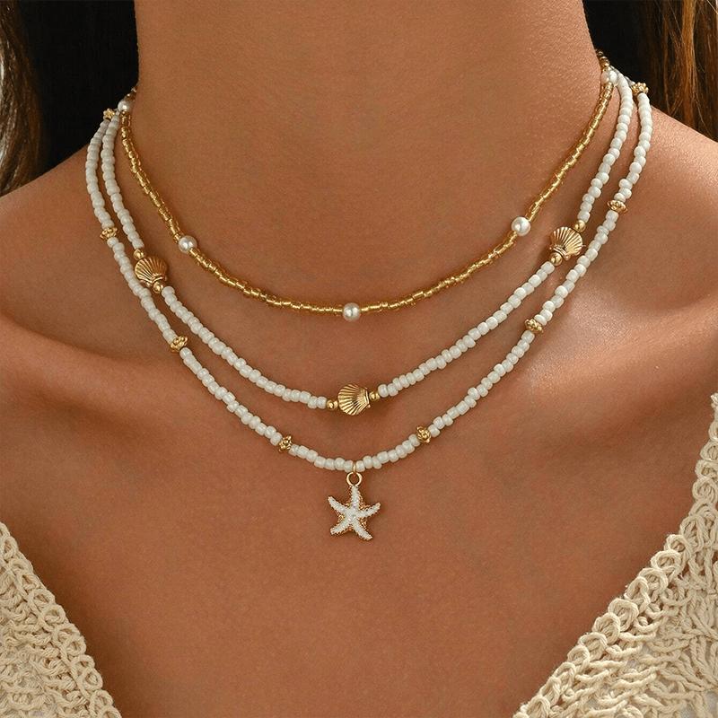 3 Pieces Women Fashion Choker Necklaces Shell Starfish Pendant Pearl Beads Golden Beads Minimalist Style Summer Beach Vacation Gift