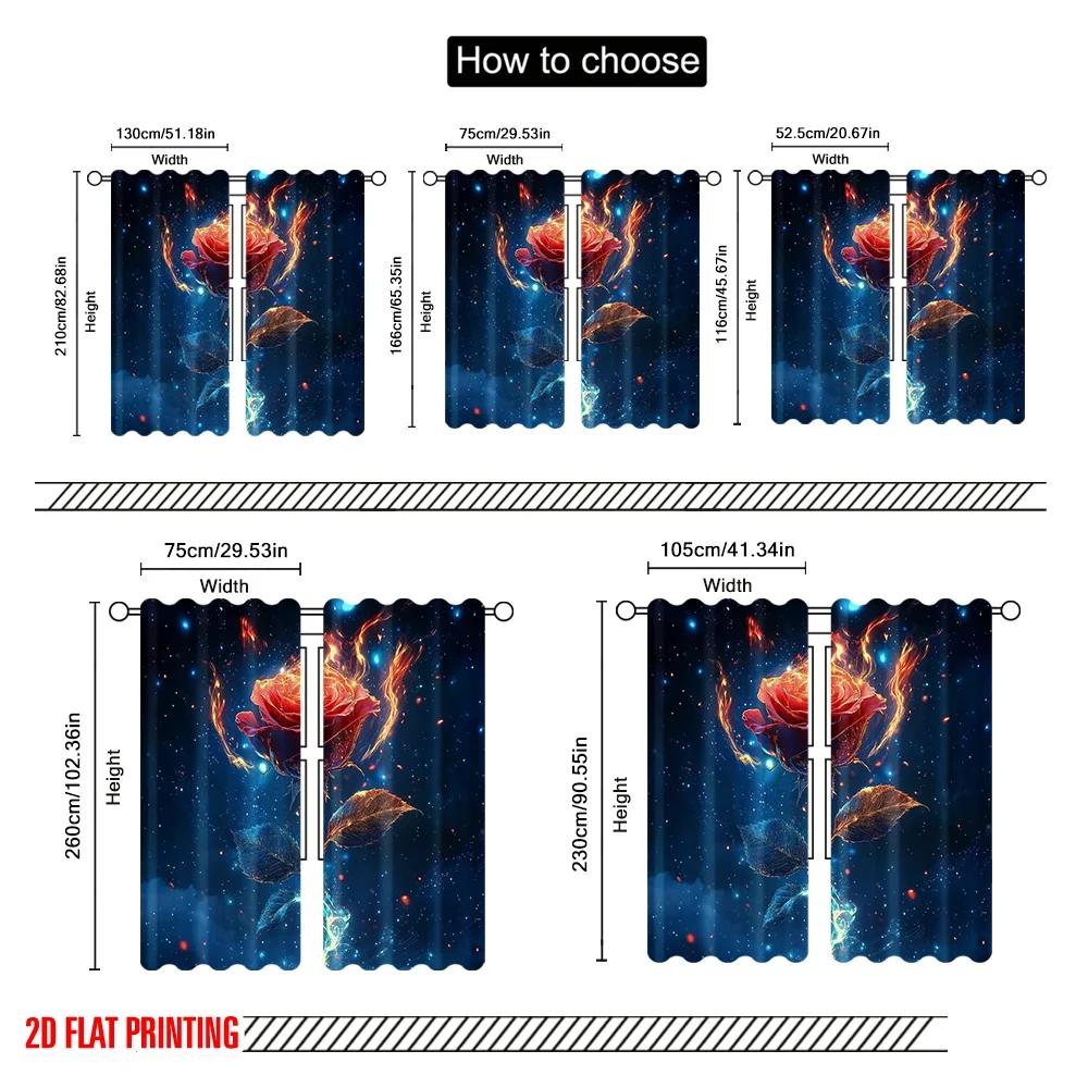 2pcs 2D flat printing Curtain A burning rose Polyester Fabric Without Electricity Holiday Decorations Use for Outdoor Holiday