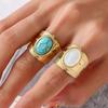 Luxury Turquoise Natural Stone Open Rings for Women 14K Gold Plated Stainless Steel Rings Wide Ring Female Jewelry Party Gifts