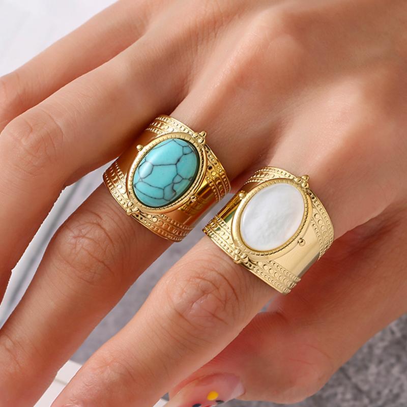 Luxury Turquoise Natural Stone Open Rings for Women 14K Gold Plated Stainless Steel Rings Wide Ring Female Jewelry Party Gifts