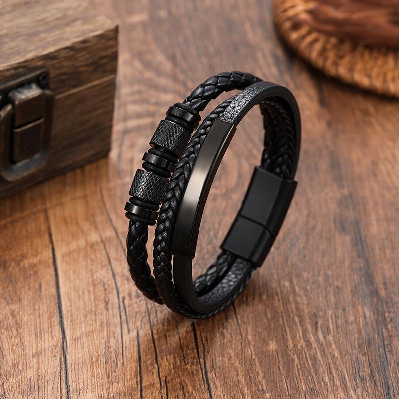 Cross Bend Pipe Stainless Steel & PU Leather Multi-layer Titanium Men s Woven Bracelet чёрный