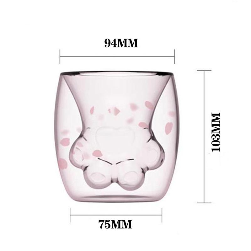 YWDL Dvoustěnný skleněný hrnek na kávu Kreslený roztomilý kočka Šálek na mléko a džus Domácí kancelář Hrnek s kočičí tlapkou/packou Pro dívku jako dárek