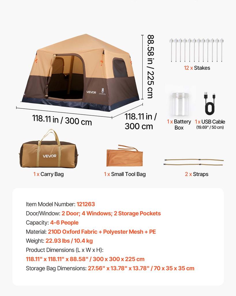 VEVOR Camping Tent, 6 Person Inflatable Cabin Tent with Rechargeable Pump, TPU Air Tube & 4 Large Mesh Windows