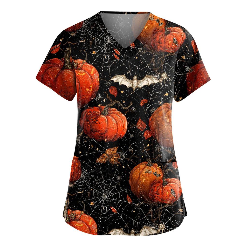 Women's Fashion V-Neck Short Sleeve Overalls With Pockets Halloween Printed Tops  Apparel