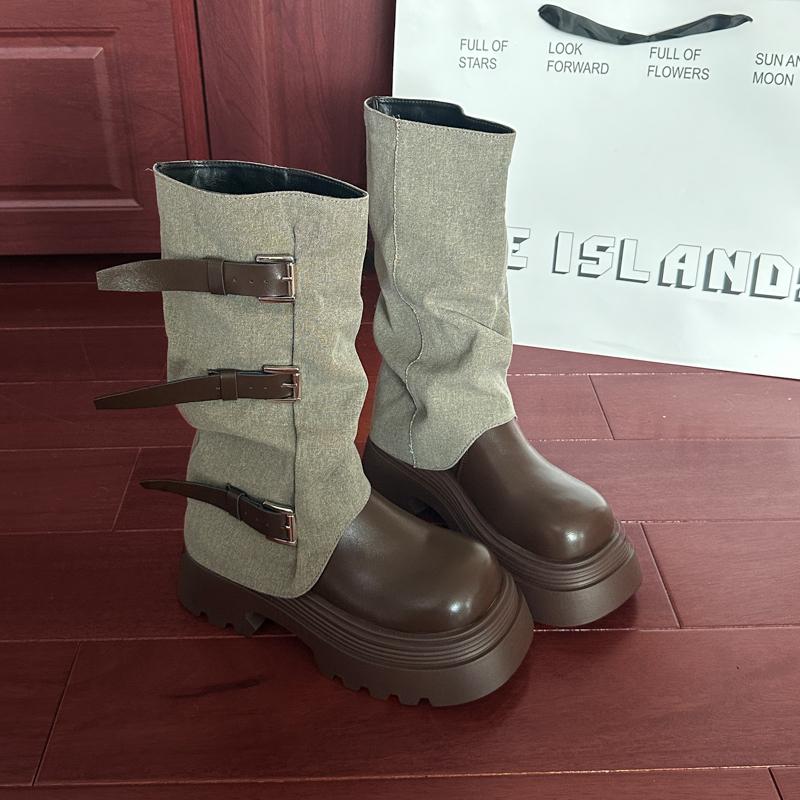 

Winter Fashion Platform Heels Women Knight Boots Fashion Belt Buckle Slip On Shoes Design Elegant Mid Calf Boot 35