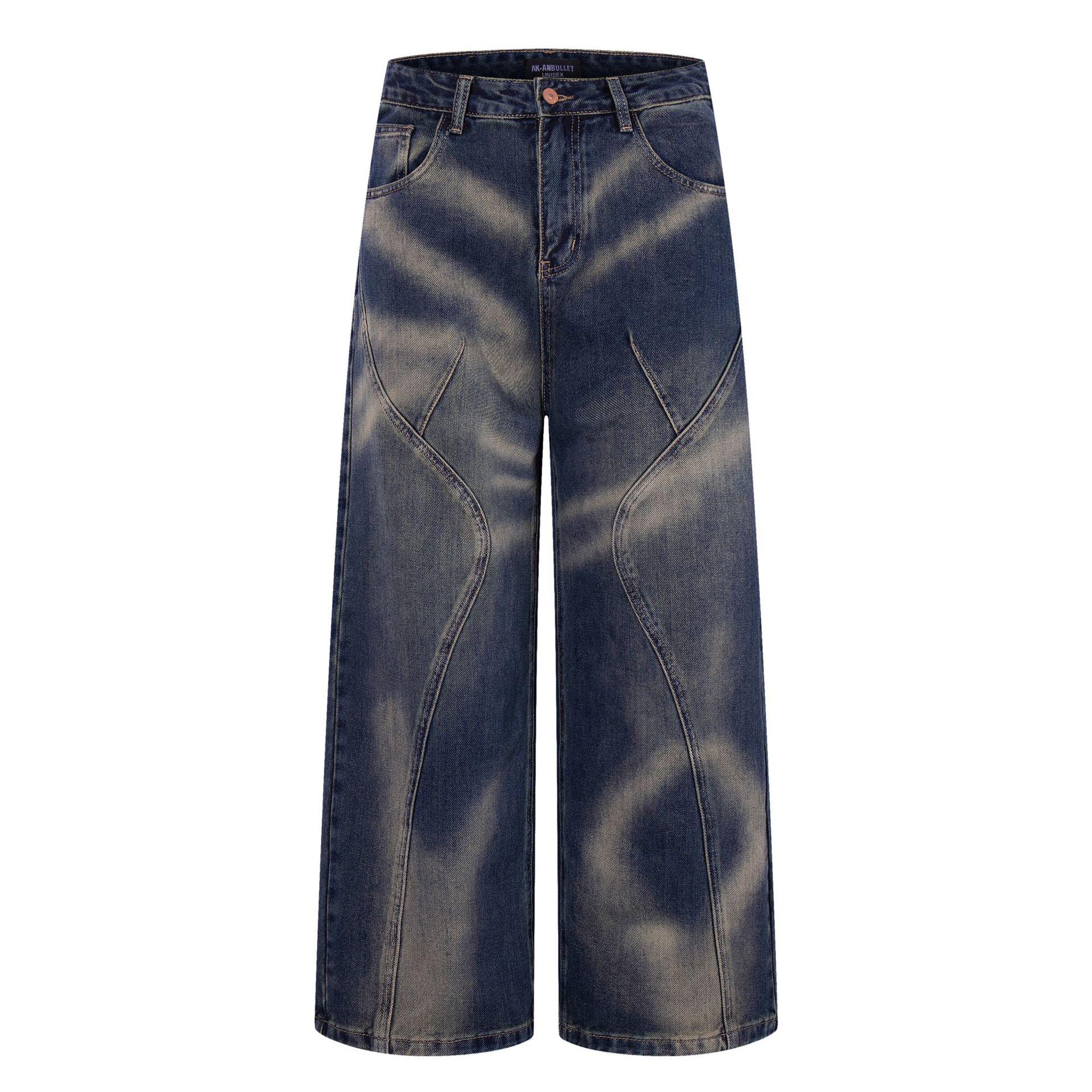 Men s American high street RO wind splicing washed dyed jeans loose wide-leg trousers S