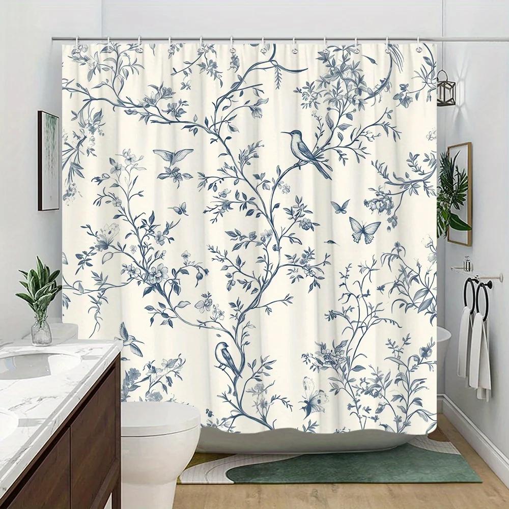 1 Vintage Botanical Shower Curtain with Detailed Blue Branches and Birds Design - Polyester with Hooks, Machine Washable