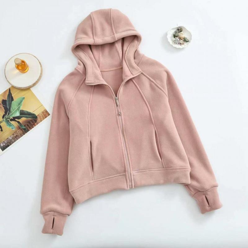 Fleece short hooded sweater women, autumn and winter casual sports cardigan jacket