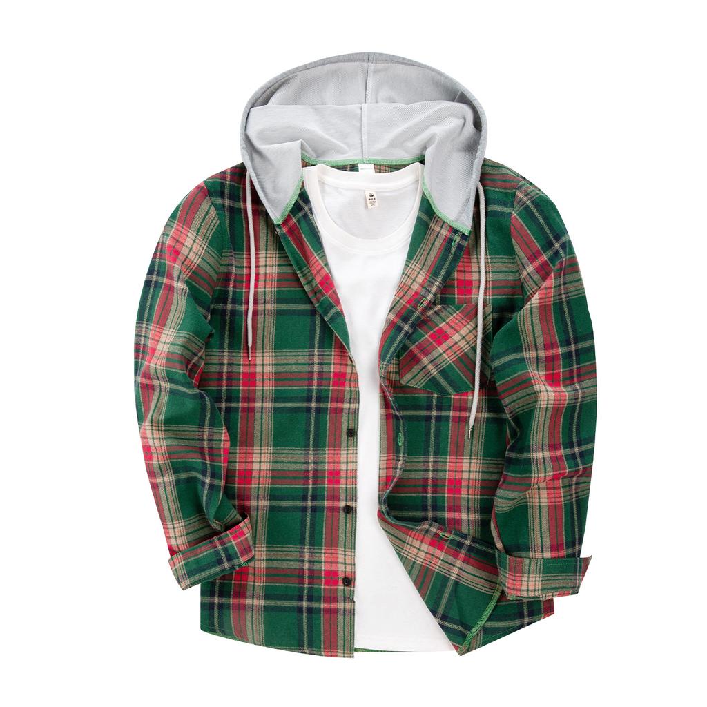 Plus Size Men's Spring And Autumn Loose Casual Long-sleeved Hooded Plaid Shirt Man