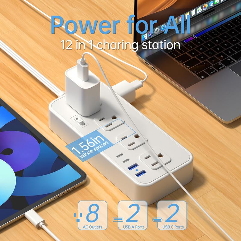 8 Holes Ac Outlet Us Plug Power Strip with 2 Usb Ports 2 Type C Fast Charge 5Ft Extra-Long Extension Cord Socket for Home Office