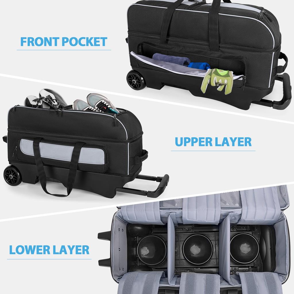 GOBUROS Bowling Bag with Wheels Bowling Bag for 3 Carry Bowling Bag with Shoe Storage Bowling Cart Bag