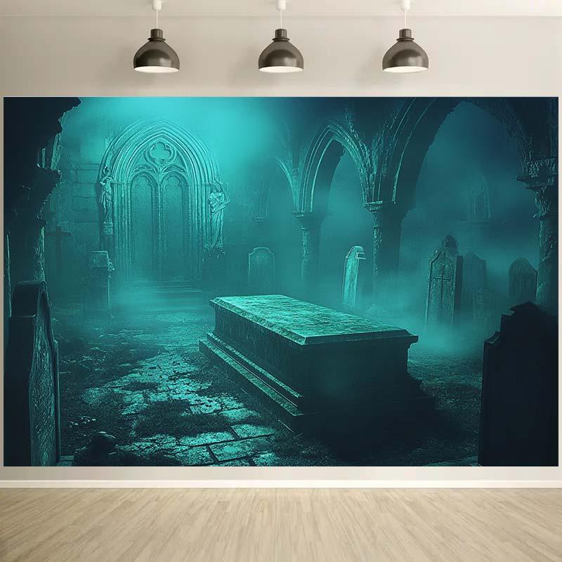1 Halloween Gothic Grabstein Hintergrundtuch mit mystischem Nebel-Effekt, kein Strom benötigt