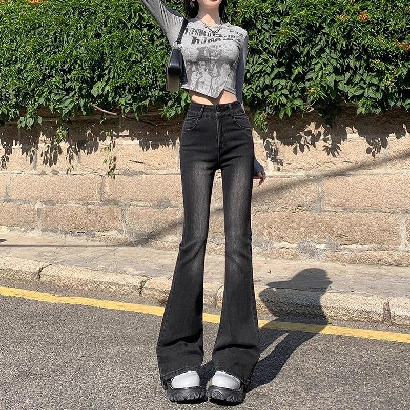 Women s High-Waisted Cement Grey Velvet Micro-Flare Jeans - Slimming Retro Style for Autumn/Winter 2025. 2XL