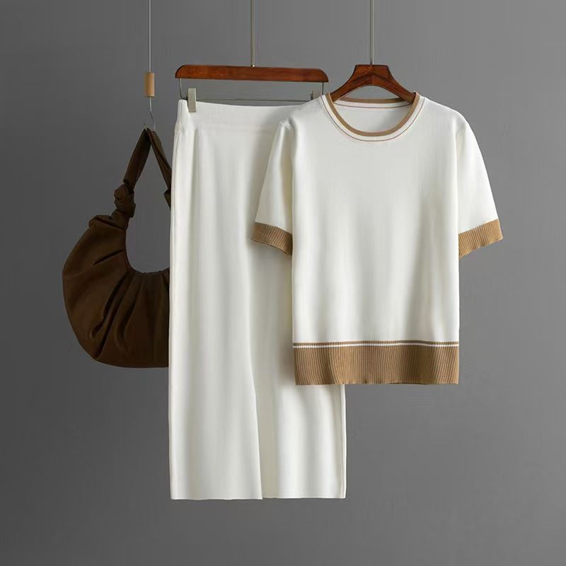 Fashion New Arrival Fashion Knitted Short-Sleeved Shirt Skirt Suit Knitted Top and Skirt Set