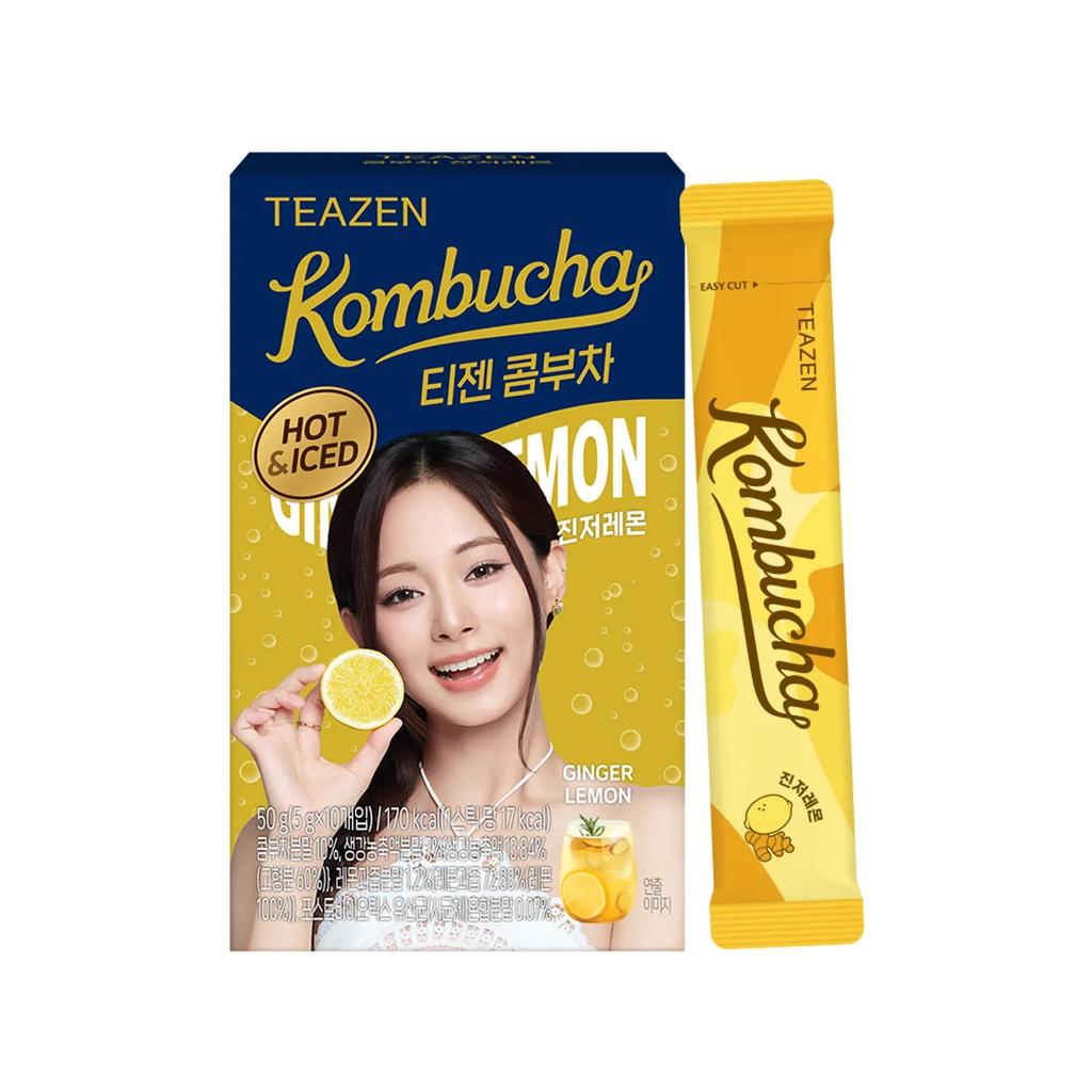 Teazen Ginger Lemon Kombucha Zero Sugar Probiotic Tea Hot & Cold Drink 10 Sticks/3box