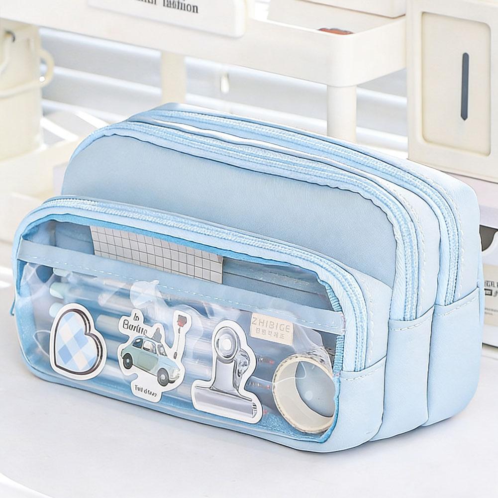 

Transparent Large Capacity Pencil Case Multifunctional Simple Stationery Storage Bag Portable Cosmetic Bag for Students синий