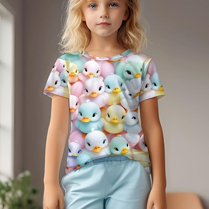 Children's Clothing Girl T-Shirts Short Sleeve Children's T-Shirts Cartoon Bird Print Creative O-Neck Tops Kids Summer Clothes