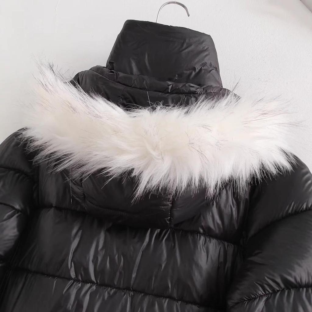 2024 Autumn Women's European & American Style Long Cotton Coat with Fur Collar