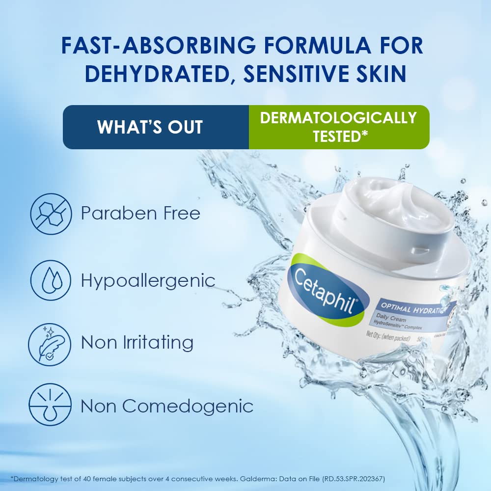 Cetaphil Optimal Hydration Daily Cream 50g Lightweight Moisturizer Fast Absorbing for Dry Sensitive Skin