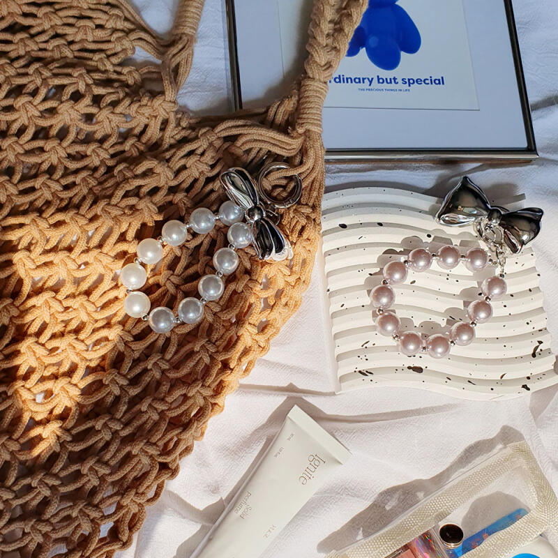 Pearl Ribbon Silver Metal Keychain AirPod Phone Strap