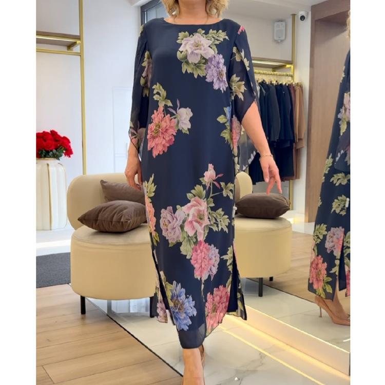 2026 women s spring and summer new temperament elegant flower crew neck dress long dress S темно-синий