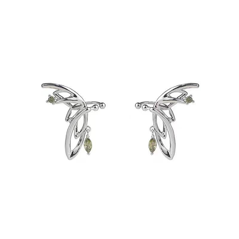 Super Immortal Temperament Green Zircon Butterfly Ear Clips Women s No Ear Piercings Niche Design Wings Ear Bone Clips Elf Earrings