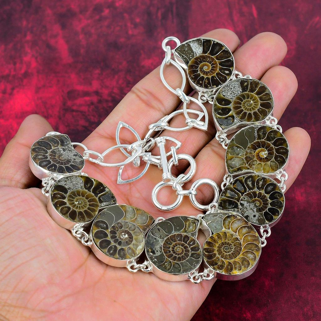 Ammonite Fossil 925 Solid Sterling Silver Necklace with Adjustable Chain, Handmade Gemstone Jewelry Necklace Gift For Her