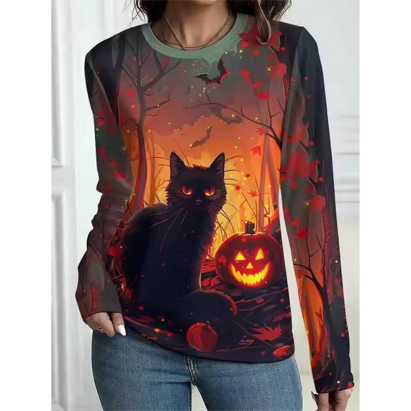 Autumn Women's Halloween T-Shirt Fashion Long Sleeve Party Tops Casual Spooky 3D Printing Loose Shirts OverSized Clothing