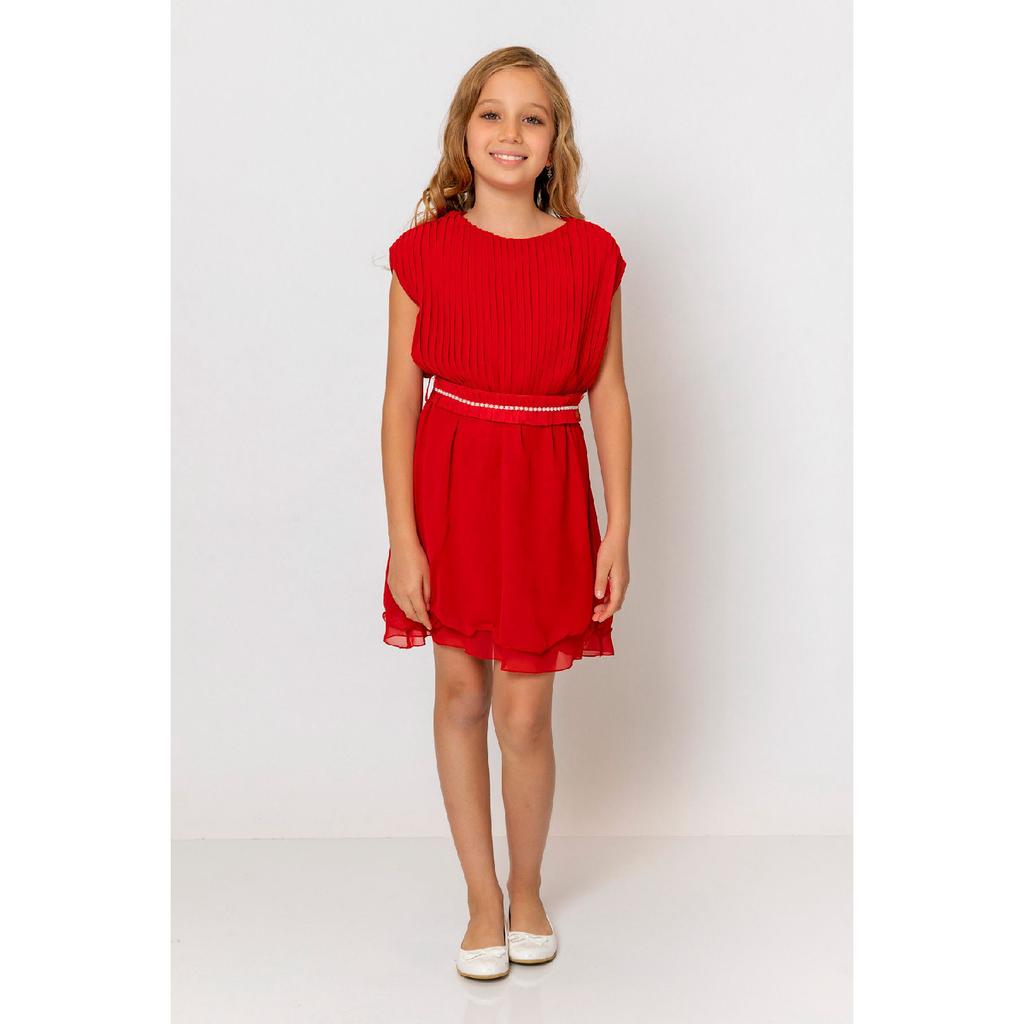 Girl's Round Neck Belted Pleated Dress