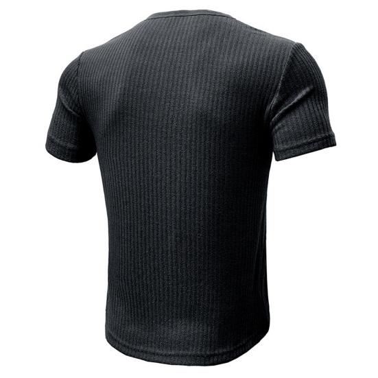 Letní pánské tričko s krátkým rukávem, knoflíkovým výstřihem do V, jednobarevné, žebrovaně pletené, pružné, slim fit, americký styl, pro svalovce, fitness, cvičební top