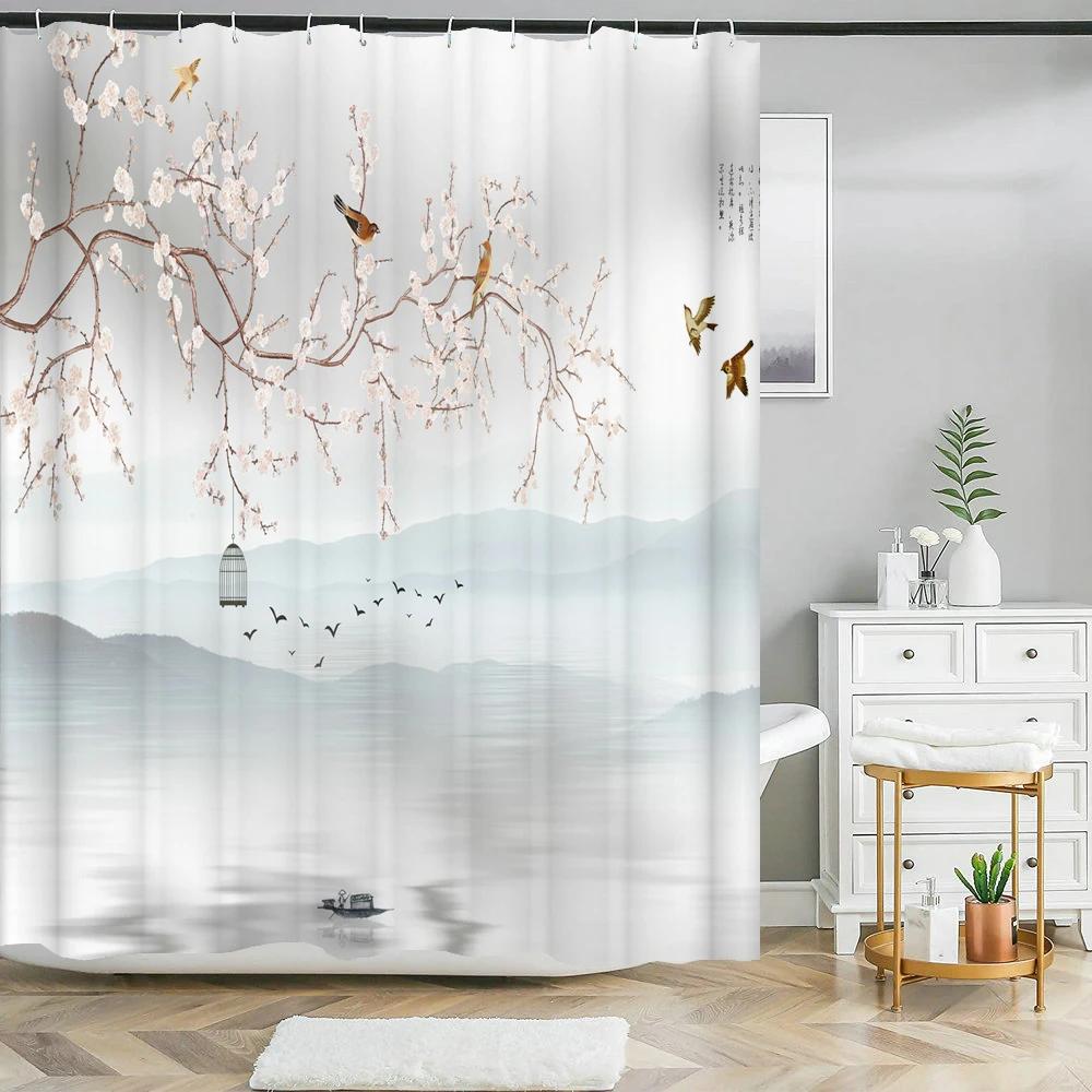 Chinese ink landscape style shower curtain scenic pattern Waterproof Fabric bath curtain washable Bathroom curtains Multi Size