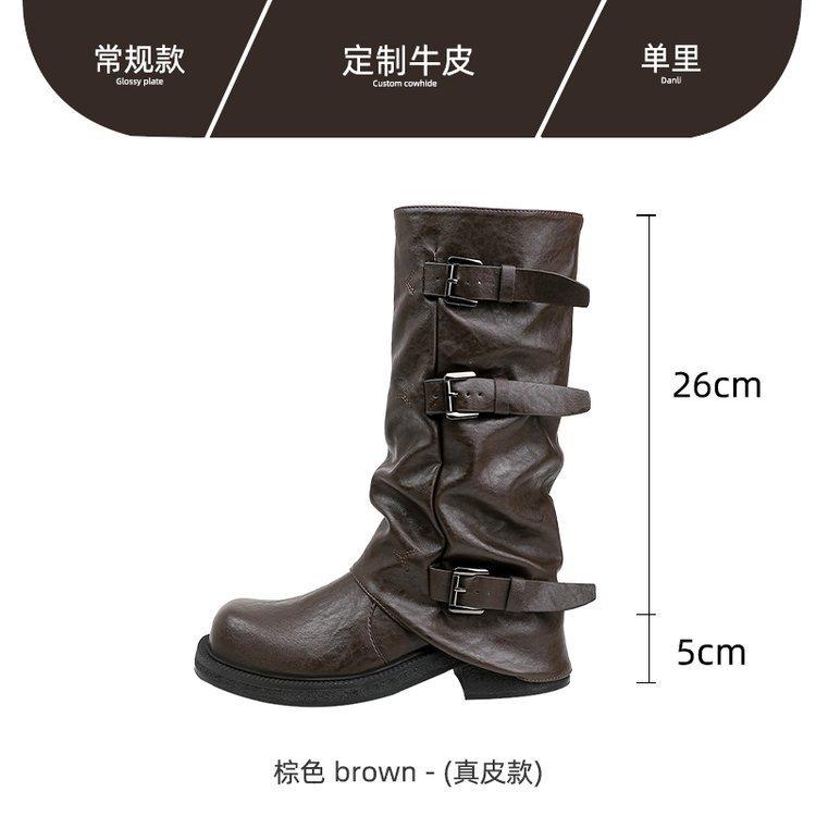 Korean ins~ Amber Soft Leather Wasteland Wind Pile Boots Women's Belt Buckle Height Increasing Skinny Medium Boots Pant Tube Boots