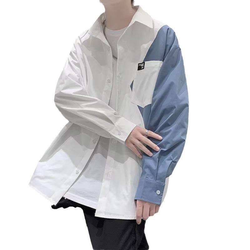 Men's Trendy Spliced Long-Sleeve Casual Shirt Set for Spring and Autumn