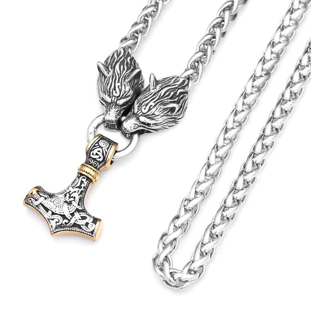 Thor's Hammer Pendant Men's Necklace Domineering Tide Stainless Steel Wolf Head Necklace Jewelry