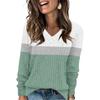 Women's Fashionable Oversized V-Neck T-Shirt With Striped Patchwork Print Long-Sleeved Pullover Top