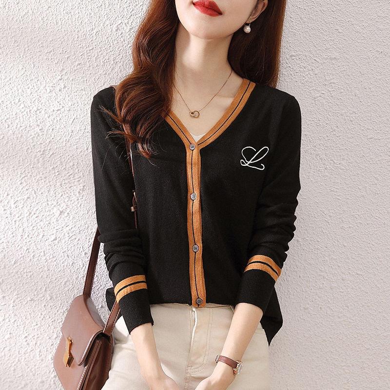 

Весенне-осенний вязаный кардиган с цветными блоками, женский темпераментный свитер с v-образным вырезом, модная куртка Top Tide One Size чёрный