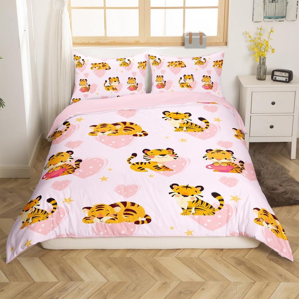 Puppy Dog Duvet Cover Queen King,Cartoon Animal Bedding Set For Kids Boys Girl,Microfiber Watercolor Pink Love Heart Quilt Cover