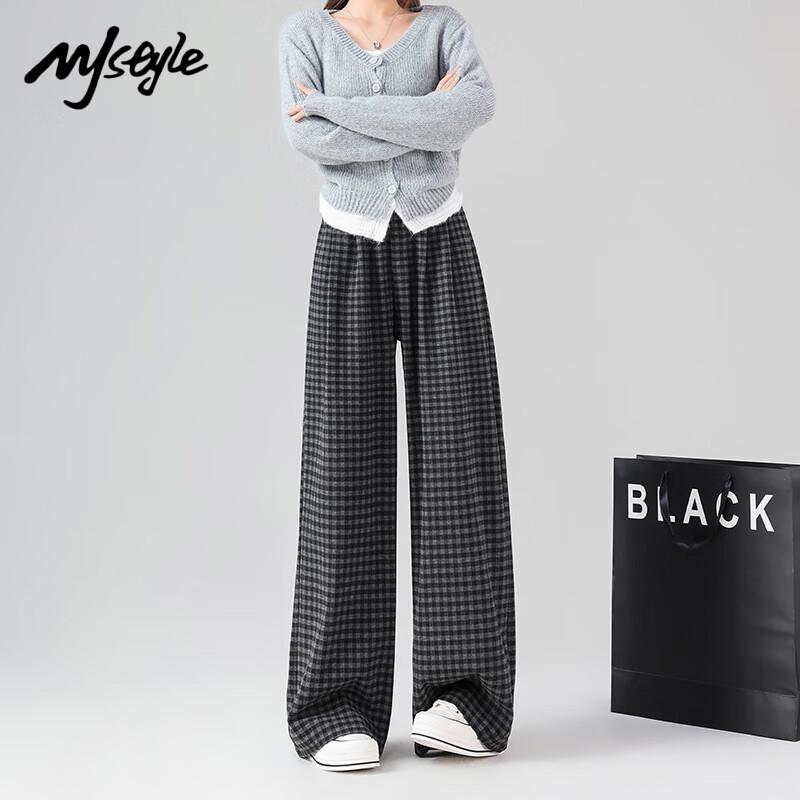 MJ STYLE Women's Retro Plaid Wide-Leg Casual Pants