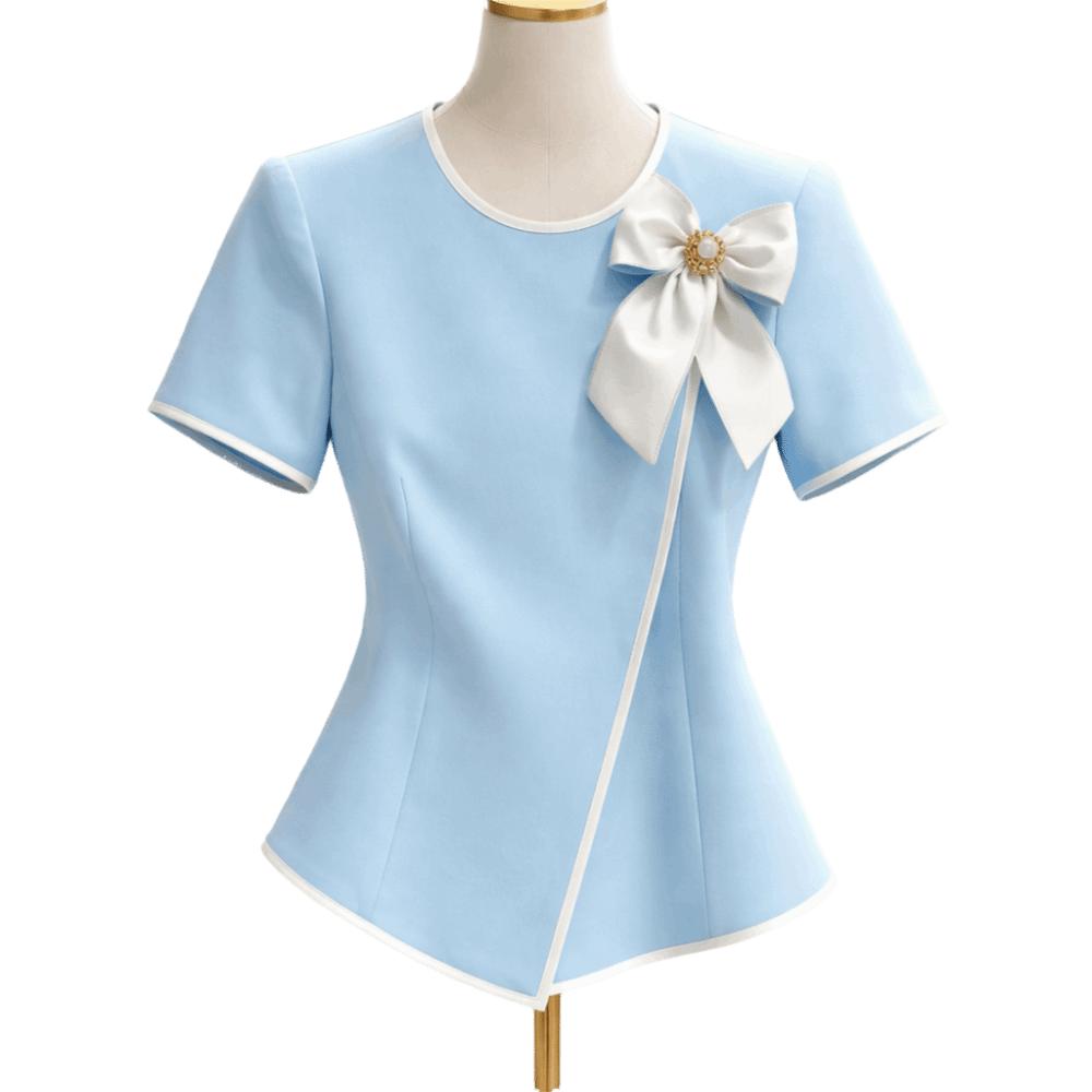 

Slim Fit Women s Short Sleeve Asymmetric Hem Office Blouse Bow Collar Top Summer Season S синий