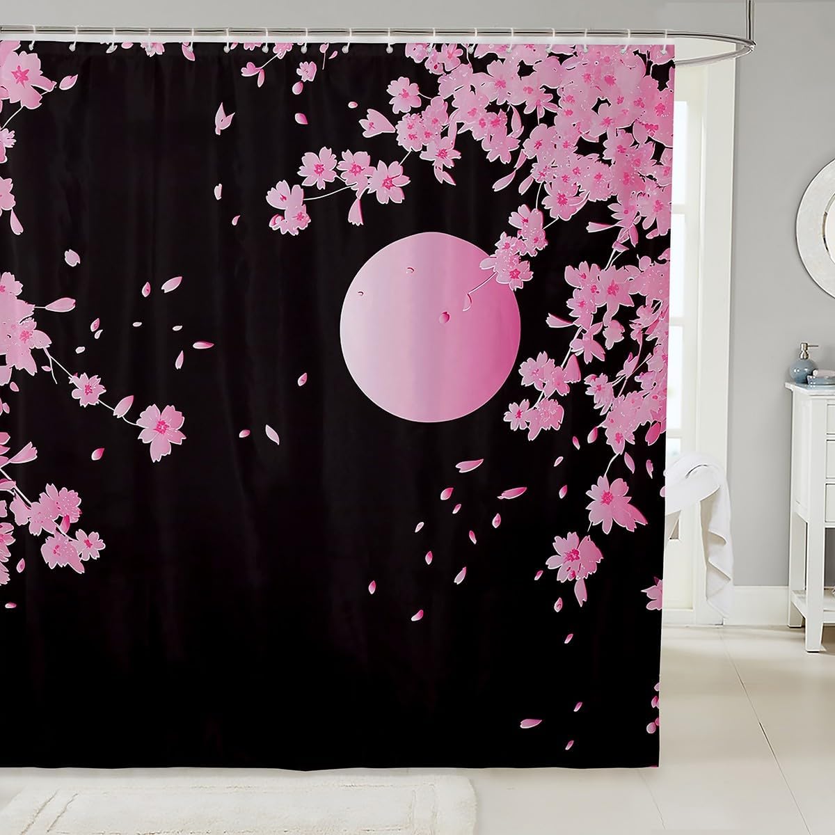 

Cherry Blossoms Bath Curtain Japanese Style Bathroom Shower Curtain Set Pink Moon Flowers Shower Curtain For Kids Adults Exotic W60H190(CM)-1 Pcs