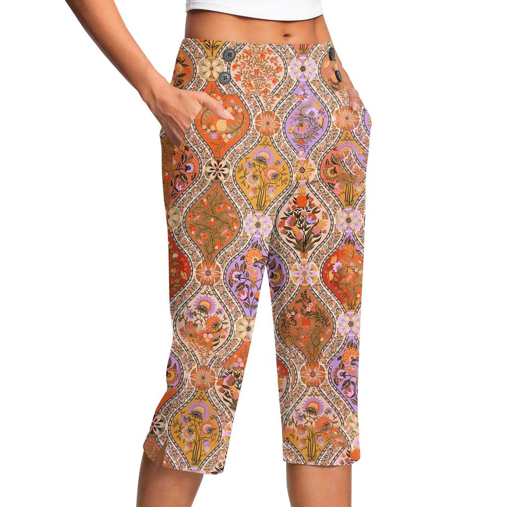 Women's Vintage Floral Print Button Pocket Trousers Slit High Waist Sports Yoga Casual Pants