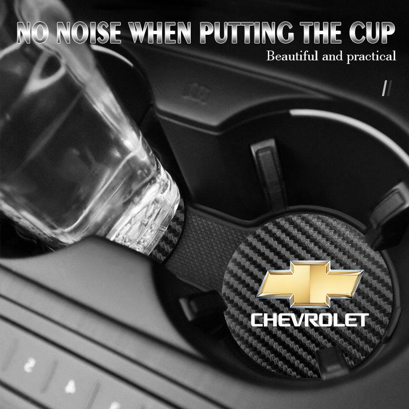 EII3 2Pcs Car Carbon Leather Water Cup Pad Anti Noise Coaster Mat For Chevrolet Silverado Camaro Tahoe Equinox Suburban Cruze Malibu
