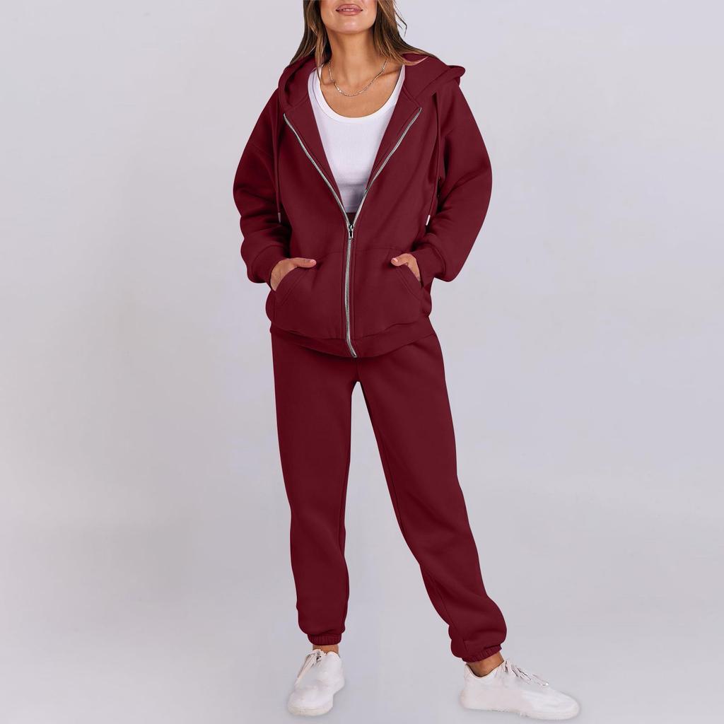 Women's Fashion Hooded Long Sleeve Color Zipper Elastic Waist Loose Sweatshirt Set