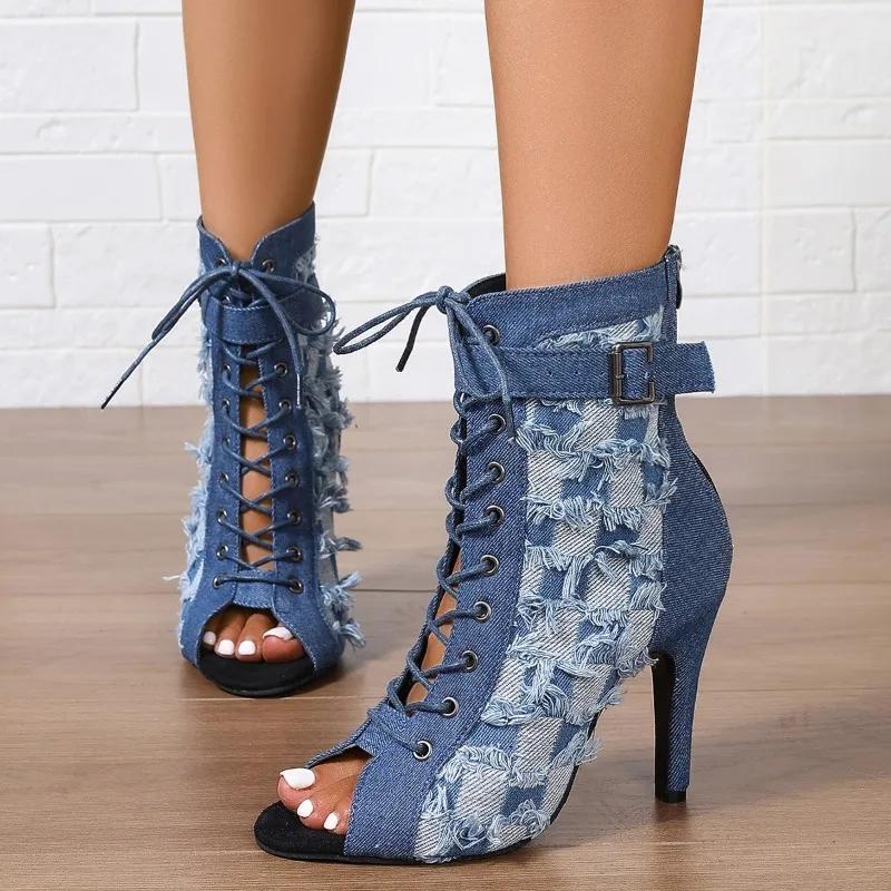 High Heels Jazz Dance 2025 Denim Booties Niche Foreign Style Internet Celebrity Same Short-leg Cool Boots